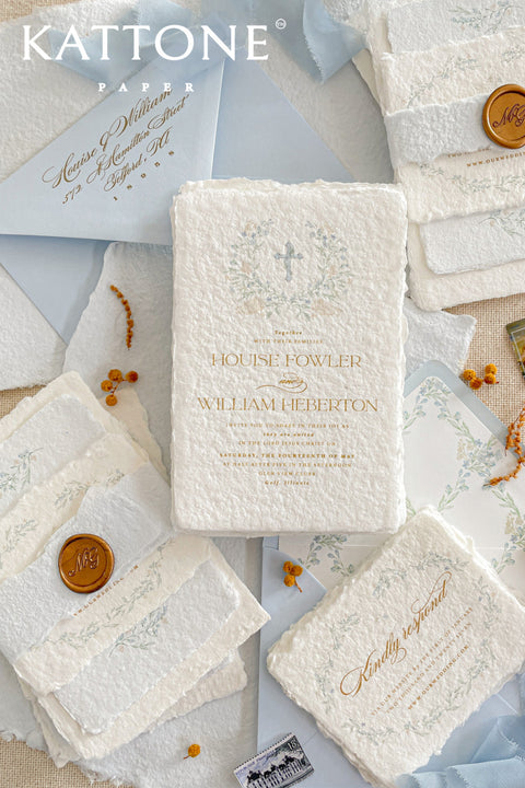 A serene and faith-inspired christening invitation crafted from luxurious handmade paper and adorned with soft watercolor botanicals. Featuring a delicate floral wreath and subtle Christian cross, this design blends timeless elegance with gentle color and refined typography. Perfect for baptisms and church ceremonies, it offers a meaningful keepsake that beautifully honors this sacred milestone.