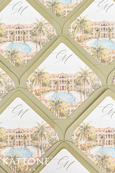 Overhead flat lay of luxury sage green wedding envelopes arranged in a repeating geometric pattern, each featuring a custom watercolor envelope liner depicting a tropical resort courtyard with a blue swimming pool, tall palm trees and warm terracotta architecture. The white liners feature an elegant calligraphy monogram above the colorful architectural illustration. The soft olive and sage green envelopes complement the warm peach, golden yellow and turquoise tones of the watercolor artwork, creating an ele