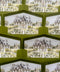 Luxury olive green wedding envelopes with custom watercolor liners featuring an elegant French chateau, formal gardens, trees, and romantic European estate architecture