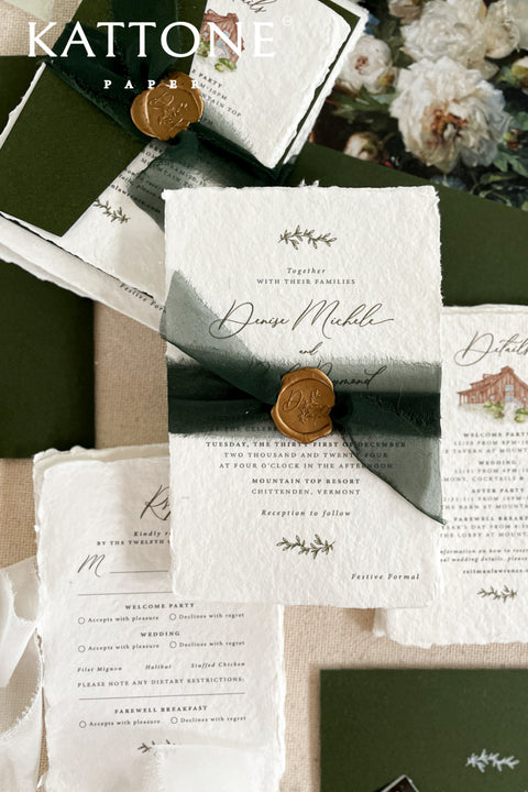 Announce your marriage with a timeless, classic feel with these vintage wedding invitation sets. Each suite features a deeply personal and artistic custom venue illustration, hand-drawn by us to capture the charm of your wedding location. The artwork is printed on luxurious handmade paper, made from 100% recycled cotton rag, giving it a luxurious and organic texture that feels both rustic and elegant.