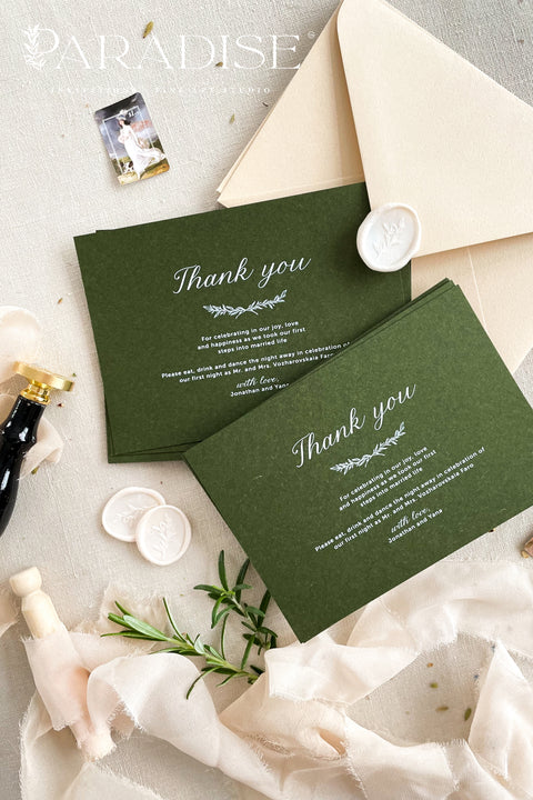Gracefully express your appreciation with these timeless thank you cards, designed to complement refined wedding stationery and elevated celebrations. Printed on rich, deep-green cardstock with soft white lettering, each card blends classic elegance with a modern, editorial feel. Perfect for weddings, intimate gatherings, and thoughtful correspondence, these thank you cards offer a polished way to leave a lasting impression long after the celebration ends.