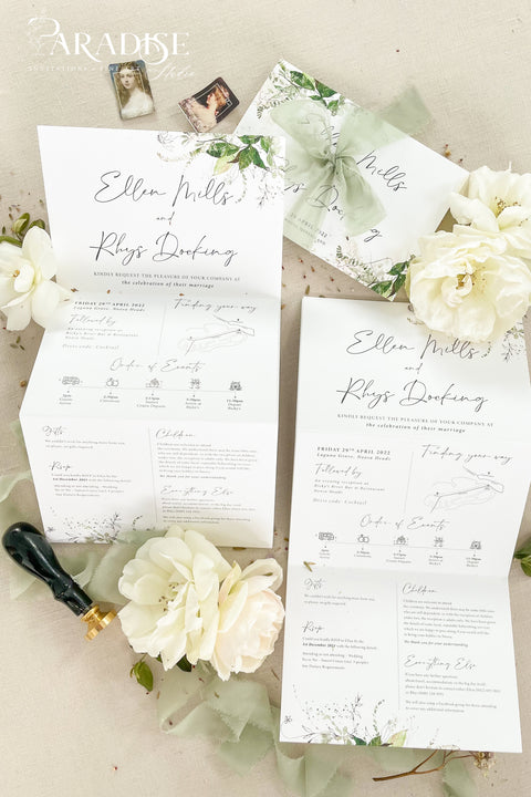 This concertina wedding invitation suite is ideal for couples who want a seamless way to share every detail of their celebration. Its fold-out layout allows you to include your ceremony, reception, travel, and RSVP information - all presented with fine art botanical illustrations that bring a touch of nature’s grace to your stationery. Perfect for garden weddings, destination celebrations, or romantic countryside venues, this suite combines beauty with functionality.