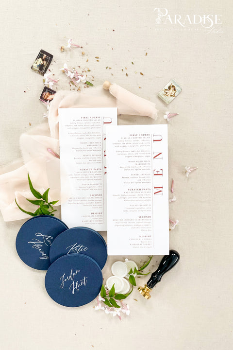 Add a bold, modern edge to your tablescape with our fine-art wedding menus, designed with striking typography and clean layout balance. Printed on luxury matte cardstock, these menus pair timeless minimalism with contemporary design - perfect for modern, industrial, or chic romantic weddings. The vertical type and crisp detailing make each piece a statement of refined sophistication.