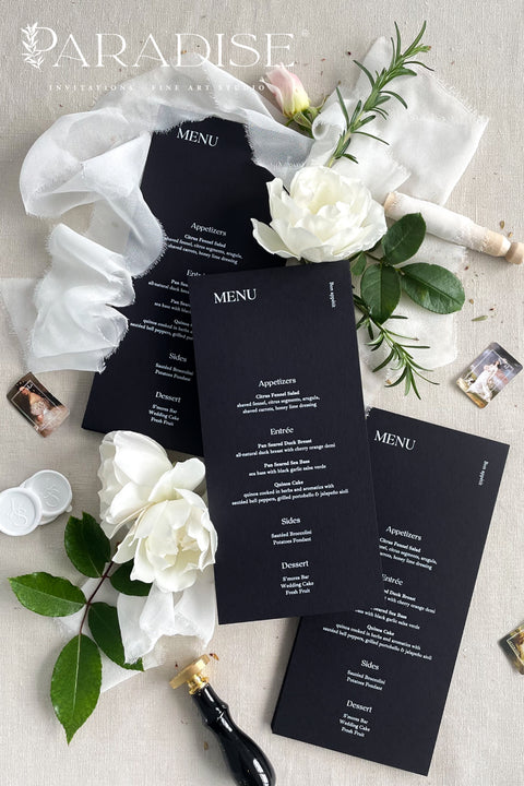 Make a bold and timeless statement with our black and white wedding menus, designed for couples who love modern minimalism and fine-art contrast. Printed on premium matte cardstock, each menu features elegant white typography against a deep black background - creating a sophisticated balance of drama and refinement. Perfect for luxury weddings, black-tie events, and evening receptions, these menus elevate every tablescape with effortless style and precision.
