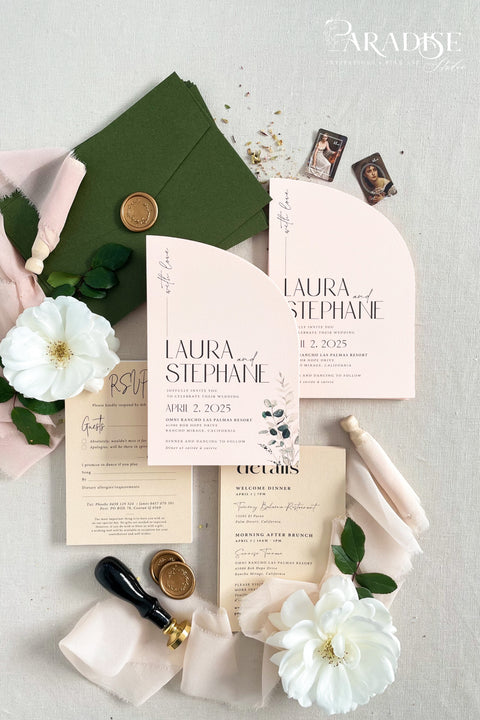 This half arch wedding invitation suite is a perfect blend of modern design and romantic artistry, crafted for couples who adore contemporary elegance with a soft, organic touch. Featuring a unique half-arched silhouette, this suite brings a sculptural dimension to your stationery - minimal yet undeniably striking. Printed on luxury textured cardstock in a delicate blush tone, each piece is complemented by botanical details and refined typography that balance modern minimalism with timeless charm.