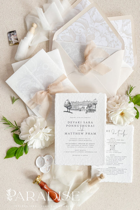 Elegant, timeless, and deeply personal - our handmade wedding invitations with a hand-drawn venue illustration are designed to capture the heart of your love story. Each suite is printed on luxury cotton deckled-edge paper, wrapped in translucent vellum, and tied with a blush silk ribbon for a soft, romantic finish. The custom venue sketch transforms your stationery into a keepsake