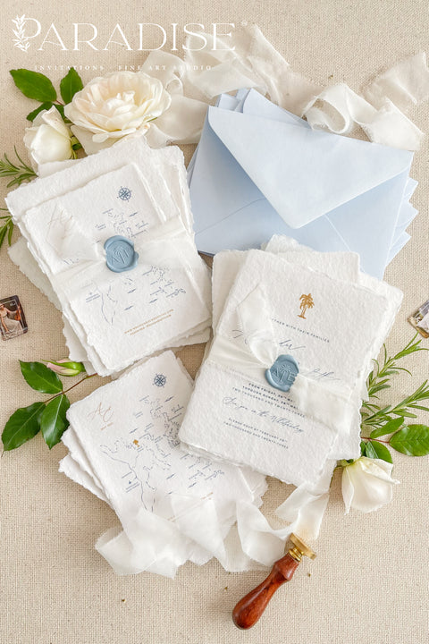 Elevate your wedding with our exquisite handmade paper invitations featuring a beach theme. Crafted on premium deckled edge paper, each invite exudes elegance and personal touch. Perfect for couples seeking unique Wedding Invitations that reflect their style. Contact for a quote today and let us bring your vision to life! Your dream invites are just a message away!