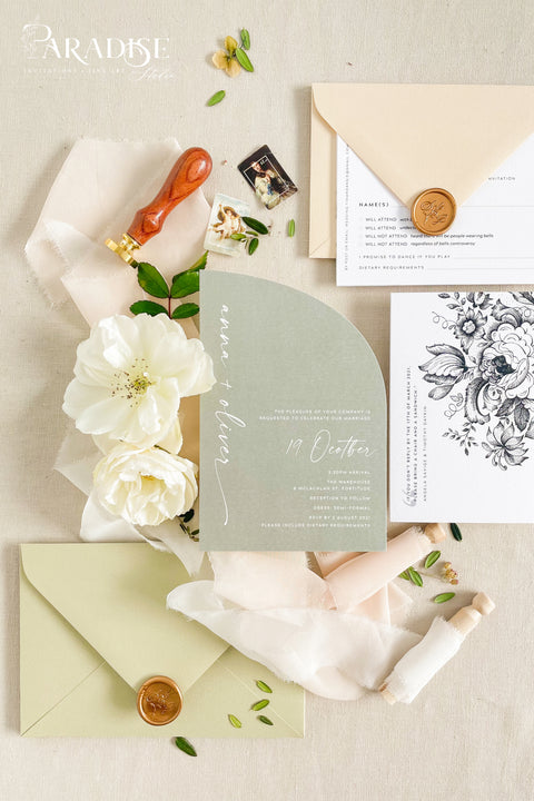 This half arch wedding invitation suite blends modern minimalism with soft botanical charm - perfect for couples who adore natural tones and elegant simplicity. The sage green half-arch invitation features contemporary typography, paired beautifully with neutral envelopes, blush ribbons, and gold wax seals, creating a look that’s refined yet organic. Printed on luxury cardstock, each invitation feels substantial and smooth to the touch, making it both a visual and tactile delight.