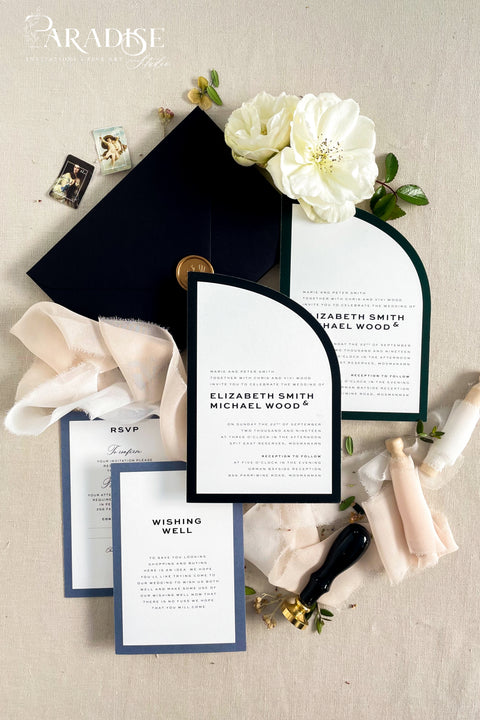 Sophisticated and striking, this half arch wedding invitation suite is designed for the couple who appreciates modern aesthetics with a fine art twist. Handcrafted on thick, high-quality paper and layered with deep navy and forest green accents, each piece feels as luxurious as it looks. Ideal for modern city weddings, black-tie events, or editorial-inspired celebrations, this suite blends elegance with edge. This suite embodies the essence of modern minimalism.