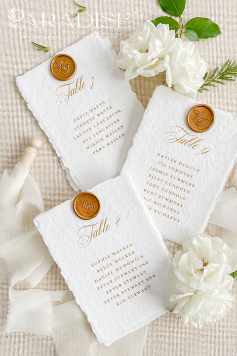 These handmade paper table numbers bring a refined, luxurious touch to your wedding seating display. Premium cotton paper, gold calligraphy, and soft deckled edges create a timeless fine-art look. Each card features an optional wax seal for added sophistication, making your reception tables feel curated, romantic, and beautifully styled. Perfect for classic, garden, modern, or destination weddings.