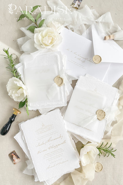Announce your wedding with timeless elegance through our handmade deckled-edge wedding invitations, beautifully wrapped in vellum overlays, soft chiffon ribbons, and finished with custom gold wax seals. Each invitation is meticulously crafted by hand using luxury cotton paper, creating a textured, organic look that exudes romance and sophistication.