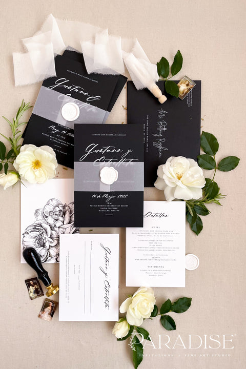 Sleek, elegant, and undeniably timeless - our black and white wedding invitation suite captures modern sophistication with a fine art twist. Printed on luxury matte cardstock, each invitation features crisp typography, vellum overlays, and a white wax seal for a touch of romance and refinement. Perfect for modern, black-tie, or minimalist weddings, this suite tells your story through contrast and craftsmanship - a beautiful reflection of contemporary love with classic undertones.