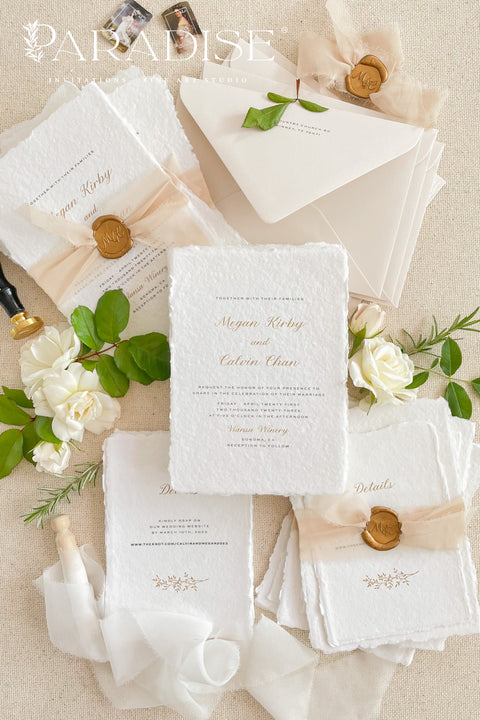 Announce your marriage with a romantic and modern touch. This exquisite suite features elegant modern calligraphy and shimmering golden ink printed on luxurious handmade paper with a delicate deckle edge. The combination of the beautiful golden shine and the unique, textured paper creates a stunning first impression that is both luxurious and organic. These unique invites are perfect for setting a sophisticated and romantic tone for your special day.