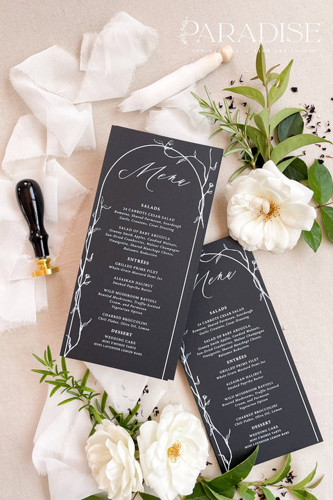 Create a striking modern statement with our black and white wedding menus, featuring refined botanical line art and elegant script typography. Printed on luxury matte cardstock, these menus perfectly balance minimalism and sophistication, making them ideal for black-tie weddings, elegant soirées, and fine dining events. Every design is crafted to complement your tablescape - timeless, clean, and beautifully bold.