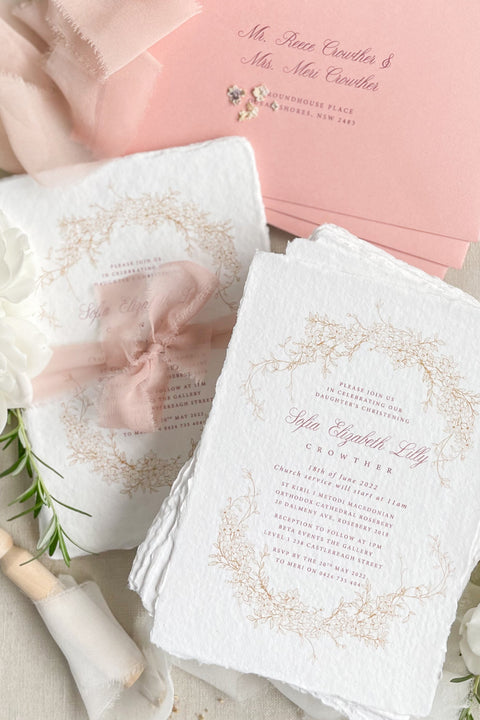 A faith-centered wedding invitation suite thoughtfully designed to honor your Christian ceremony with grace and beauty. Featuring soft blush tones, delicate botanical detailing, and elegant typography, each piece is crafted to reflect reverence, love, and tradition. Perfect for church weddings and sacred celebrations, this design blends timeless spirituality with refined fine-art aesthetics.