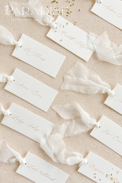Elevate your seating display with our elegant place cards, designed with clean fine-art typography and finished with soft, hand-tied chiffon ribbon. Crafted for weddings, rehearsal dinners, galas, and intimate celebrations, these name tags add movement, refinement, and a dreamy, romantic touch to your tablescape. Their minimalist design blends effortlessly with modern, classic, and garden-inspired themes, making them a beautiful and versatile choice for any event.