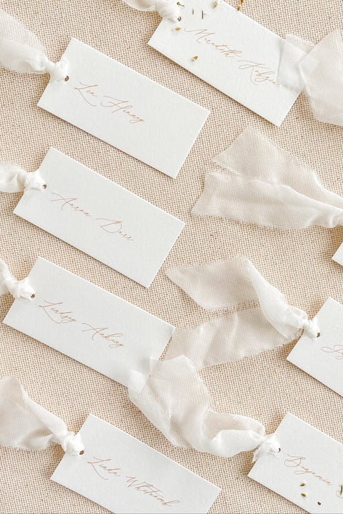 Elevate your seating display with our elegant place cards, designed with clean fine-art typography and finished with soft, hand-tied chiffon ribbon. Crafted for weddings, rehearsal dinners, galas, and intimate celebrations, these name tags add movement, refinement, and a dreamy, romantic touch to your tablescape. Their minimalist design blends effortlessly with modern, classic, and garden-inspired themes, making them a beautiful and versatile choice for any event.