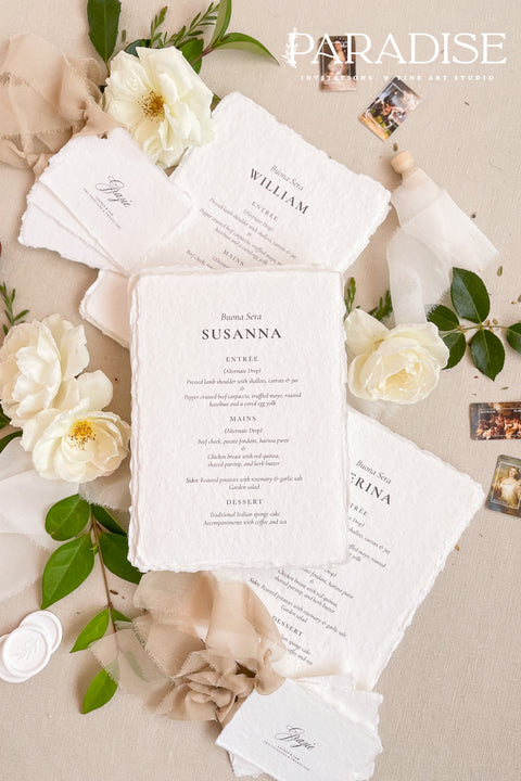 Bring timeless beauty to your table setting with our handmade paper wedding menus, crafted on luxury deckle-edge cotton paper for a fine-art aesthetic. Each menu exudes soft texture, natural edges, and minimalist typography - a perfect balance of romance and sophistication. Ideal for elegant, rustic, or destination weddings, these menus add artisanal charm to your reception.