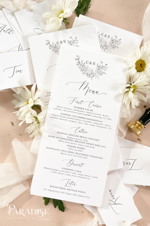 Elevate your wedding table décor with our botanical fine-art menus, featuring elegant floral sketches and refined typography. Printed on luxury textured cardstock, these menus bring a sense of romantic sophistication to your celebration. Each design is customizable with your initials, florals, and fonts, ensuring a cohesive look with your invitation suite. Perfect for garden, elegant, or minimalist weddings, they add a soft, timeless beauty to your tablescape.
