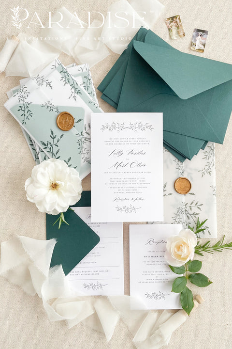 Romantic, refined, and inspired by nature - our botanical vellum wedding invitations are crafted for couples who love timeless design with an organic touch. Each invitation features delicate greenery illustrations, wrapped in a translucent vellum sleeve and sealed with a gold wax seal for an elegant, fine art finish. The deep emerald and sage green envelopes perfectly complement the natural botanical design.