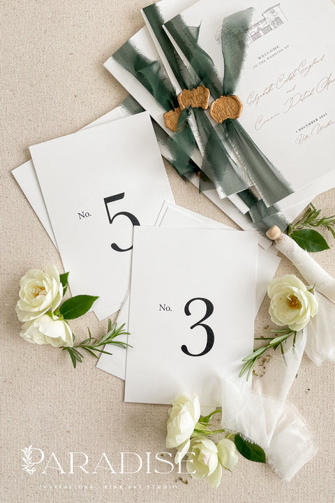 A beautifully clean and timeless table number design created with bold black serif typography on premium white cardstock. The minimalist layout delivers effortless sophistication, making it the perfect choice for modern, traditional, and elegant weddings alike. With crisp readability and a polished finish, each card enhances your tablescape while guiding guests with style and clarity.