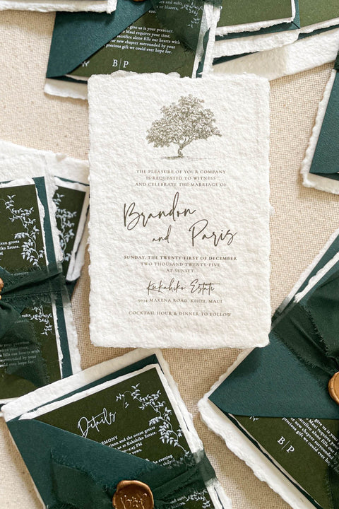 Announce your special day with a sense of rustic elegance and natural beauty with this wedding invitations suite. Perfect for a garden tree wedding or any outdoor celebration, this set combines delicate, nature-inspired imagery with a sophisticated design. The result is an elegant wedding invitation that also captures the laid-back, organic feel of boho rustic stationery. This collection is designed to be as unique as your love story, making for a beautiful and personal first impression.