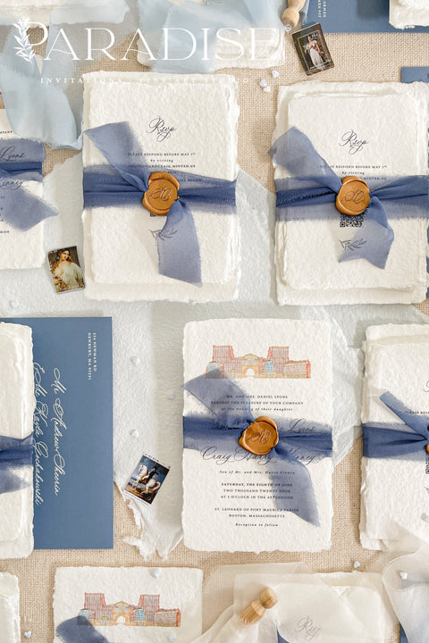 Announce your love story with artistry and elegance through our handmade watercolor wedding invitations, featuring a hand-drawn illustration of your wedding venue. Each piece is uniquely crafted and painted with soft, detailed watercolor brushwork, turning your chosen venue - be it a chapel, garden, or estate - into a personal keepsake your guests will adore.