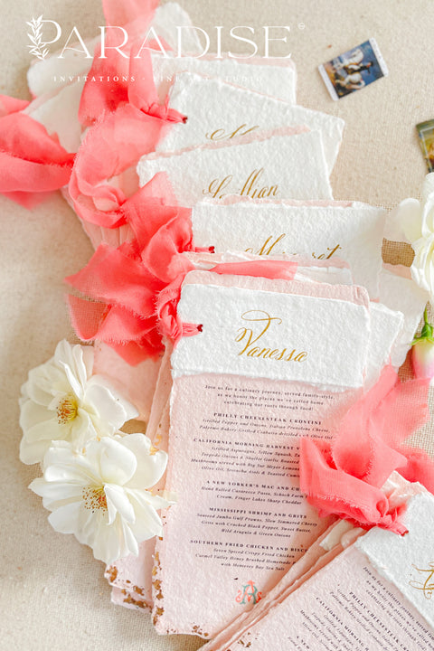 Bring a burst of color and elegance to your table setting with our colored handmade paper wedding menus, crafted from luxurious 100% cotton rag paper. These exquisite menus feature soft blush-pink tones, deckled edges, and gold foil calligraphy, creating a romantic and elevated aesthetic for any celebration. Each menu is finished with a vibrant coral silk ribbon and personalized name tag, combining artistry and function by doubling as both a menu and a place card. 
