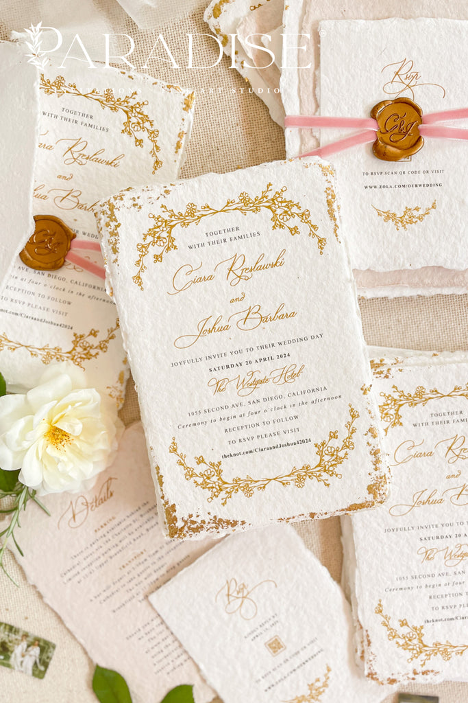 Millie Handmade Paper, Golden Leaf Wedding Invitations