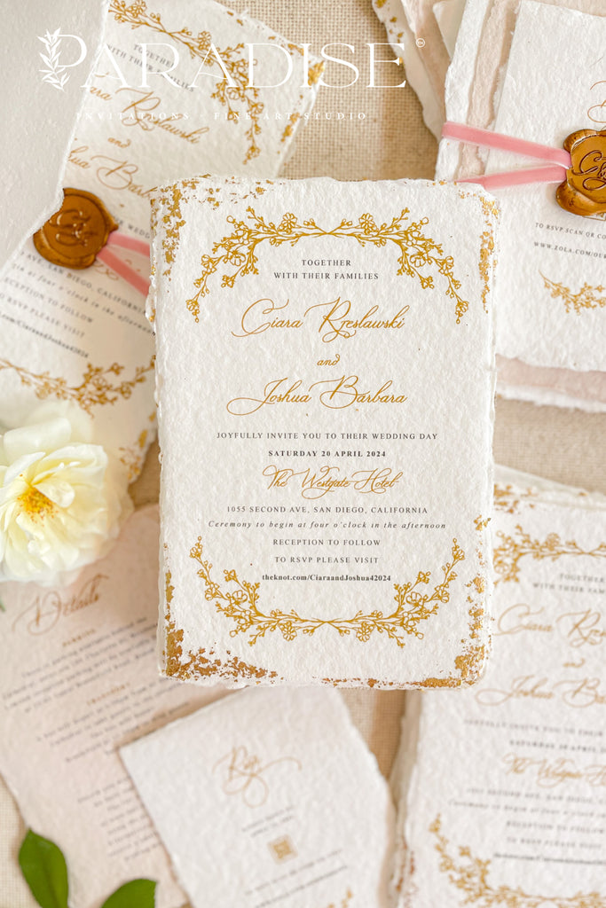 Millie Handmade Paper, Golden Leaf Wedding Invitations