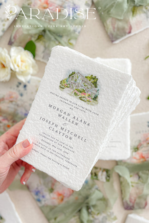 This exquisite wedding invitations suite offers a blend of fine artistry and natural elegance. Each invite is printed on luxurious handmade paper with beautiful deckled edges, providing a rich, tactile feel. The centerpiece is a custom, hand drawn watercolor venue illustration that captures the unique charm of your location, creating a truly memorable keepsake for your guests. This suite is perfect for a garden wedding, beautifully capturing the romantic and serene atmosphere.