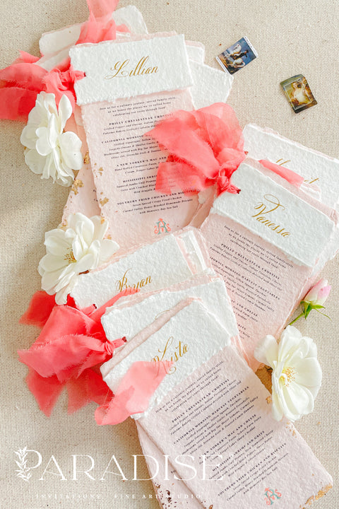 Bring a burst of color and elegance to your table setting with our colored handmade paper wedding menus, crafted from luxurious 100% cotton rag paper. These exquisite menus feature soft blush-pink tones, deckled edges, and gold foil calligraphy, creating a romantic and elevated aesthetic for any celebration. Each menu is finished with a vibrant coral silk ribbon and personalized name tag, combining artistry and function by doubling as both a menu and a place card. 