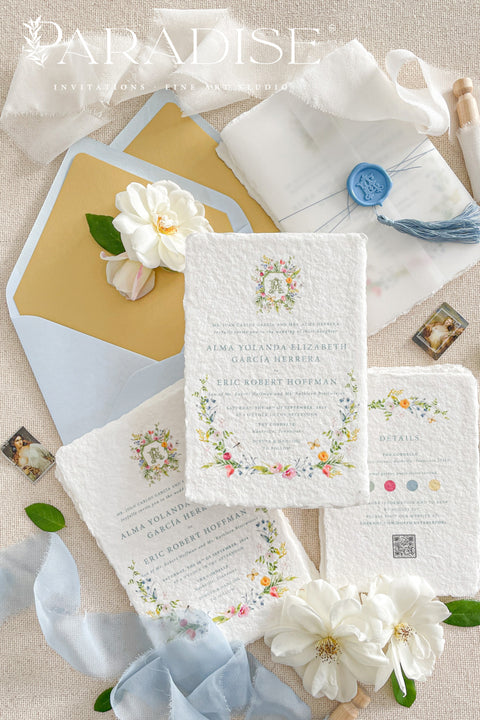 This exquisite wedding invitation set offers a blend of timeless charm and whimsical artistry. Each suite is printed on a luxurious handmade paper from our cotton rag suite, providing a rich, tactile feel. A delicate tassel is included with each invite, adding a playful pop of color and charm. The beautiful watercolor floral invites create a stunning and romantic preview of your special day.