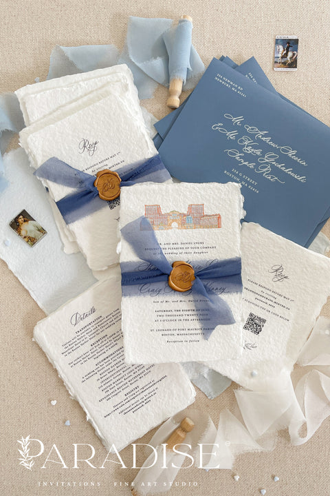 Announce your love story with artistry and elegance through our handmade watercolor wedding invitations, featuring a hand-drawn illustration of your wedding venue. Each piece is uniquely crafted and painted with soft, detailed watercolor brushwork, turning your chosen venue - be it a chapel, garden, or estate - into a personal keepsake your guests will adore.