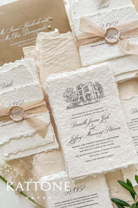 This exquisite handmade paper invitations suite offers a blend of fine artistry and personal romance. Each invitation is a true work of art, featuring a custom, hand drawn wedding venue illustration that beautifully captures the unique charm of your location. The luxurious, textured paper and timeless design create a truly romantic wedding stationery set that will be cherished by your guests long after your special day.