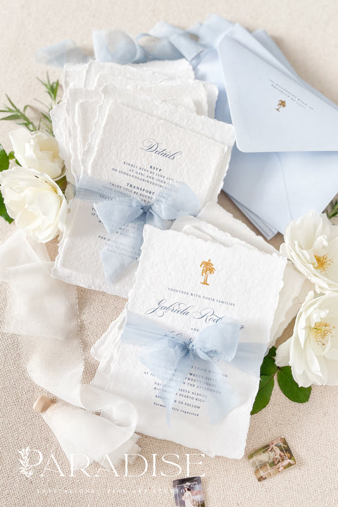 Bring the warmth of the tropics to your special day with our handmade palm tree wedding invitations, designed for couples who dream of a sun-kissed, seaside celebration. Each invitation is crafted by hand and features an elegant palm tree motif - symbolizing peace, paradise, and everlasting love.