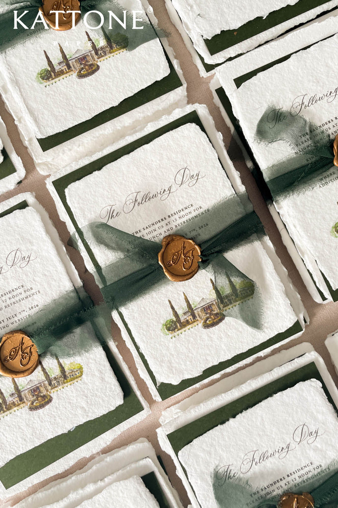 Dark green sheer chiffon ribbon paired with a custom wax seal adds movement, texture, and an elevated finishing touch.
