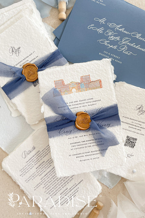 Announce your love story with artistry and elegance through our handmade watercolor wedding invitations, featuring a hand-drawn illustration of your wedding venue. Each piece is uniquely crafted and painted with soft, detailed watercolor brushwork, turning your chosen venue - be it a chapel, garden, or estate - into a personal keepsake your guests will adore.