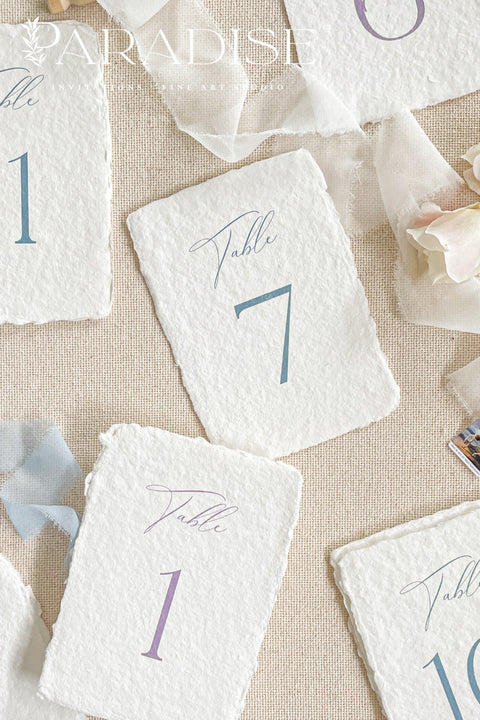 Bring elegance to your reception with our folded handmade paper table numbers. Crafted from luxurious deckled-edge cotton paper, each card features modern calligraphy paired with soft, timeless colors to guide guests effortlessly. Their folded construction allows them to stand on their own, creating a refined and cohesive tablescape for weddings, celebrations, and fine-art events.