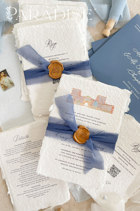 Announce your love story with artistry and elegance through our handmade watercolor wedding invitations, featuring a hand-drawn illustration of your wedding venue. Each piece is uniquely crafted and painted with soft, detailed watercolor brushwork, turning your chosen venue - be it a chapel, garden, or estate - into a personal keepsake your guests will adore.
