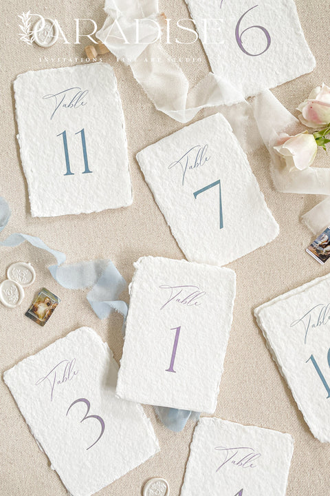 Bring elegance to your reception with our folded handmade paper table numbers. Crafted from luxurious deckled-edge cotton paper, each card features modern calligraphy paired with soft, timeless colors to guide guests effortlessly. Their folded construction allows them to stand on their own, creating a refined and cohesive tablescape for weddings, celebrations, and fine-art events.