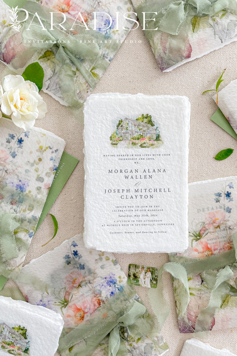 This exquisite wedding invitations suite offers a blend of fine artistry and natural elegance. Each invite is printed on luxurious handmade paper with beautiful deckled edges, providing a rich, tactile feel. The centerpiece is a custom, hand drawn watercolor venue illustration that captures the unique charm of your location, creating a truly memorable keepsake for your guests. This suite is perfect for a garden wedding, beautifully capturing the romantic and serene atmosphere.