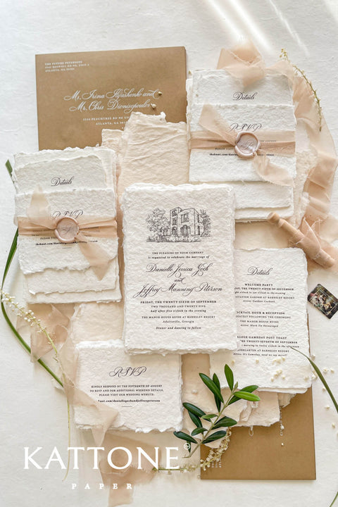 This exquisite handmade paper invitations suite offers a blend of fine artistry and personal romance. Each invitation is a true work of art, featuring a custom, hand drawn wedding venue illustration that beautifully captures the unique charm of your location. The luxurious, textured paper and timeless design create a truly romantic wedding stationery set that will be cherished by your guests long after your special day.