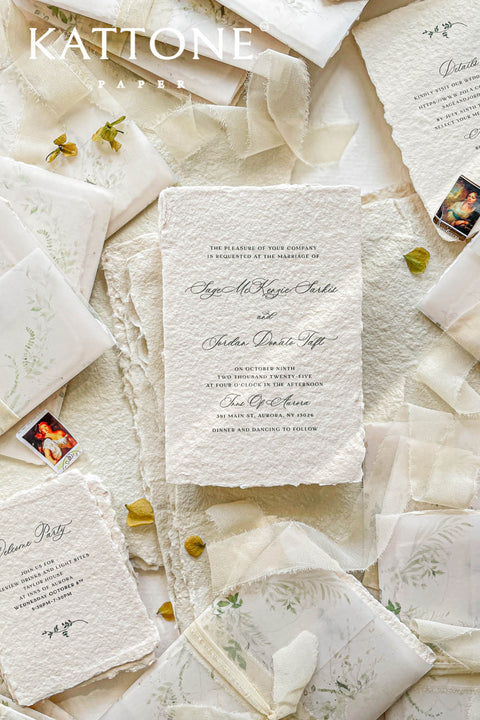 Elevate your special day with our stunning handmade Wedding Invitations, featuring exquisite paper with deckled edges for a touch of elegance. Each invitation is beautifully crafted and adorned with luxurious silk ribbon, making them a perfect choice for your unique celebration. Personalize your invitations to capture your love story, ensuring they set the perfect tone for your wedding.