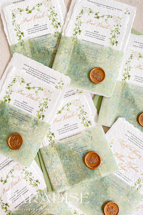 This exquisite wedding invitation set offers a blend of natural elegance and personalized artistry. Perfect for a garden green wedding, these beautiful custom elegant invites are printed on luxurious handmade deckled edge paper, which provides a rich, tactile feel and a truly unique finish. The result is a stationery suite that is both sophisticated and harmonious, beautifully capturing the essence of your special day.