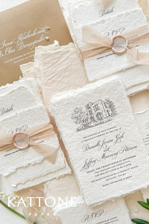 This exquisite handmade paper invitations suite offers a blend of fine artistry and personal romance. Each invitation is a true work of art, featuring a custom, hand drawn wedding venue illustration that beautifully captures the unique charm of your location. The luxurious, textured paper and timeless design create a truly romantic wedding stationery set that will be cherished by your guests long after your special day.