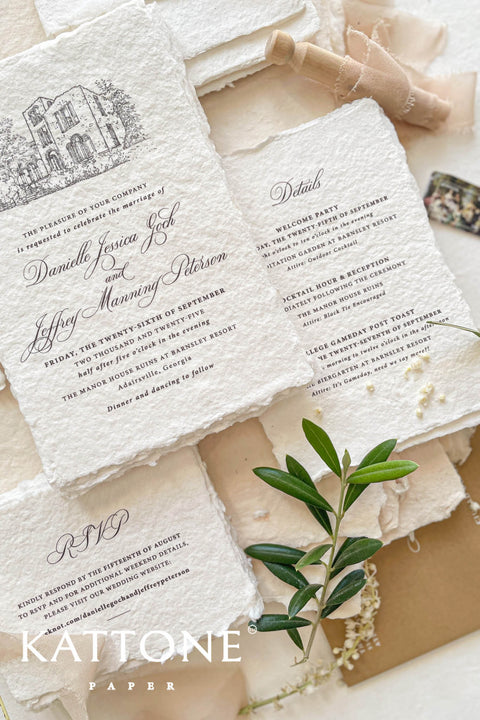 This exquisite handmade paper invitations suite offers a blend of fine artistry and personal romance. Each invitation is a true work of art, featuring a custom, hand drawn wedding venue illustration that beautifully captures the unique charm of your location. The luxurious, textured paper and timeless design create a truly romantic wedding stationery set that will be cherished by your guests long after your special day.