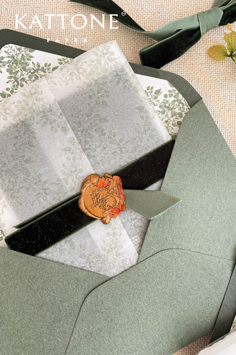 Close-up of watercolor floral envelope liner inside soft green envelope showing delicate botanical pattern and smooth premium paper texture.