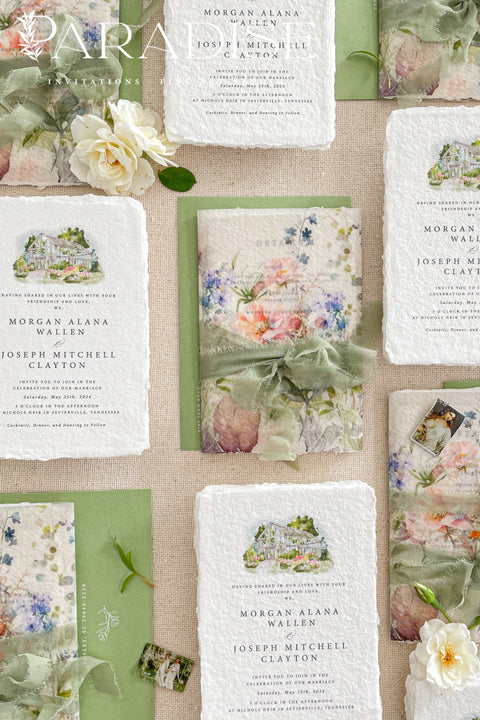 This exquisite wedding invitations suite offers a blend of fine artistry and natural elegance. Each invite is printed on luxurious handmade paper with beautiful deckled edges, providing a rich, tactile feel. The centerpiece is a custom, hand drawn watercolor venue illustration that captures the unique charm of your location, creating a truly memorable keepsake for your guests. This suite is perfect for a garden wedding, beautifully capturing the romantic and serene atmosphere.