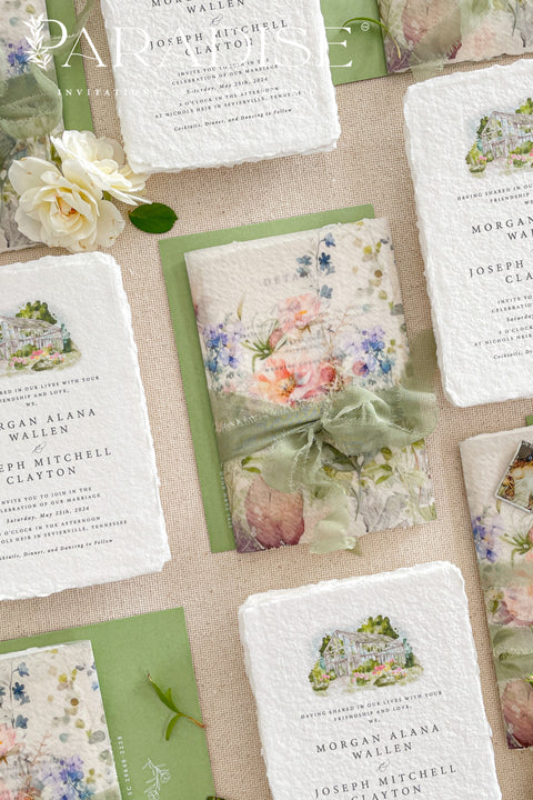 This exquisite wedding invitations suite offers a blend of fine artistry and natural elegance. Each invite is printed on luxurious handmade paper with beautiful deckled edges, providing a rich, tactile feel. The centerpiece is a custom, hand drawn watercolor venue illustration that captures the unique charm of your location, creating a truly memorable keepsake for your guests. This suite is perfect for a garden wedding, beautifully capturing the romantic and serene atmosphere.